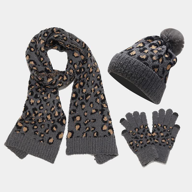 Conjunto de 3 guantes y bufanda con estampado de leopardo para mujer