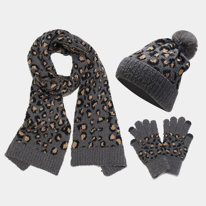 Conjunto de 3 guantes y bufanda con estampado de leopardo para mujer