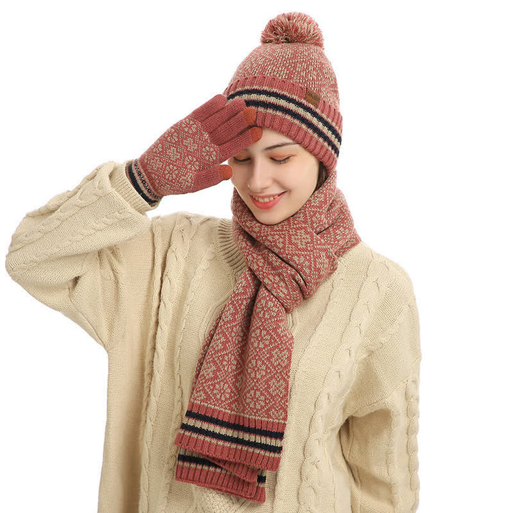 Juego de 3 guantes unisex con pantalla táctil, gorro y bufanda con copos de nieve
