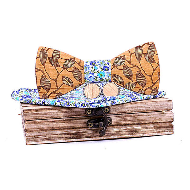Juego de 3 pajaritas de madera con estampado de hojas para hombre