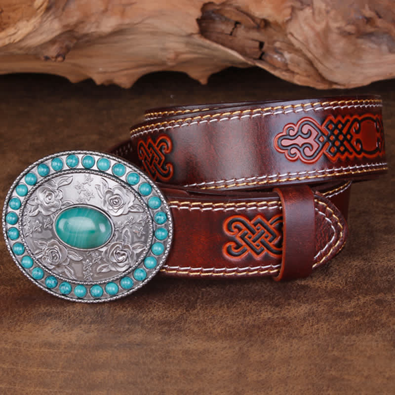 Cinturón unisex de piel de ágata de jade y turquesa rosa tallada