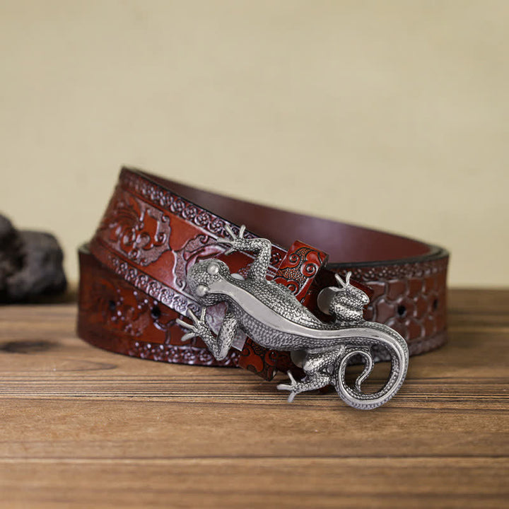 Cinturón de cuero con hebilla de lagarto plateado y animal único para hombre hecho a mano
