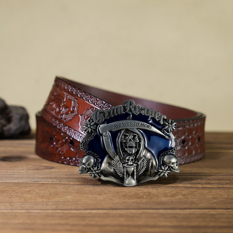Cinturón de cuero con hebilla de calavera de la muerte para hombre, hecho a mano