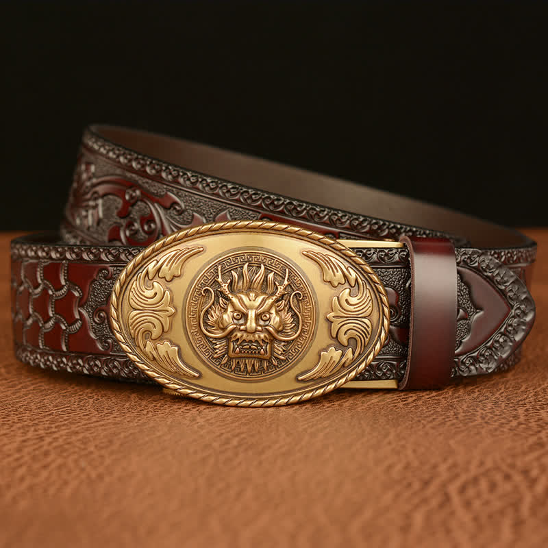 Cinturón de cuero con hebilla elíptica y diseño de dragón para hombre