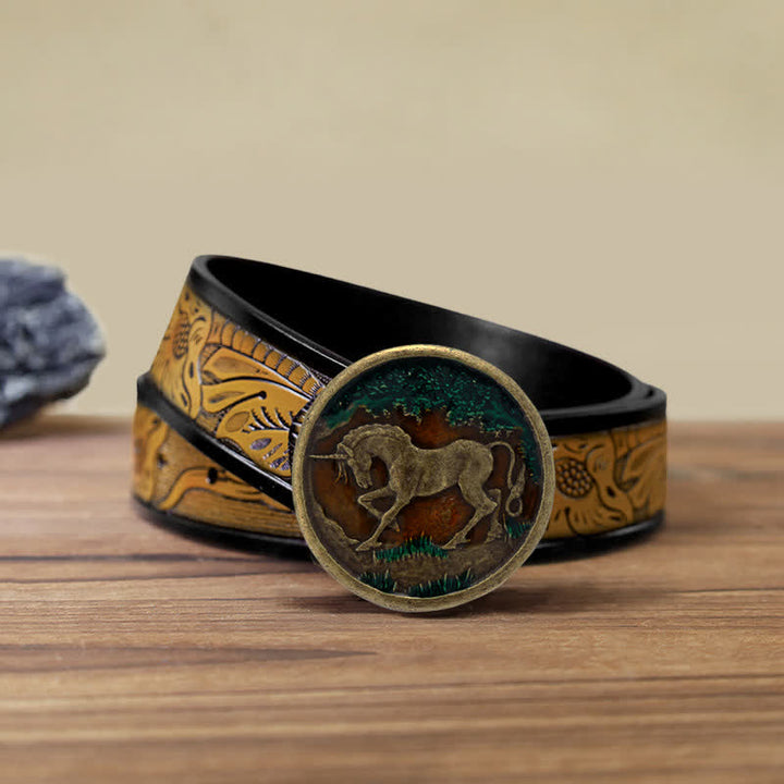Cinturón de cuero con hebilla de bronce antiguo y diseño de unicornio místico para hombre