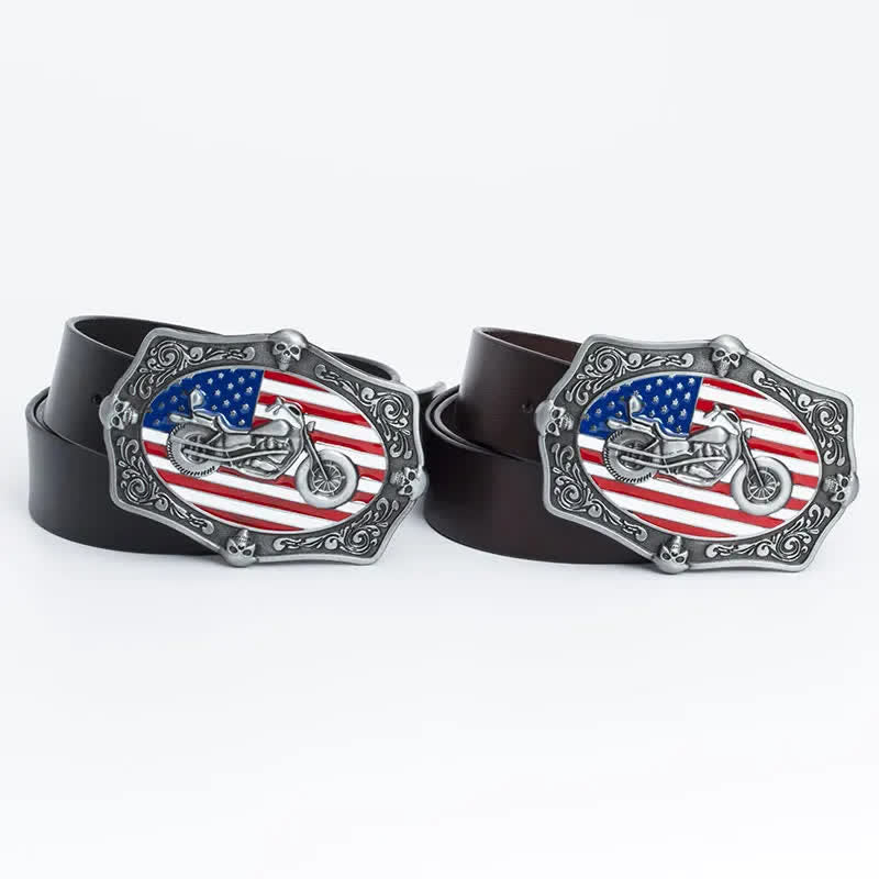 Cinturón de cuero con calavera y bandera estadounidense para hombre con diseño de motocicleta