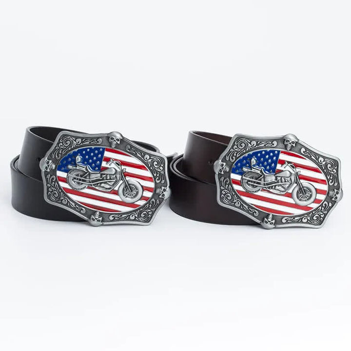 Cinturón de cuero con calavera y bandera estadounidense para hombre con diseño de motocicleta