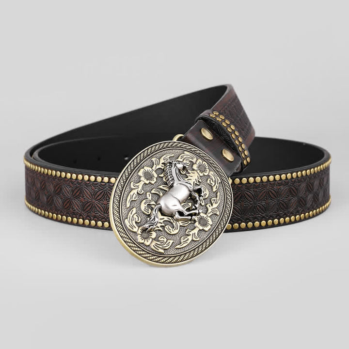 Cinturón de cuero con hebilla floral y diseño de caballo fuerte para hombre