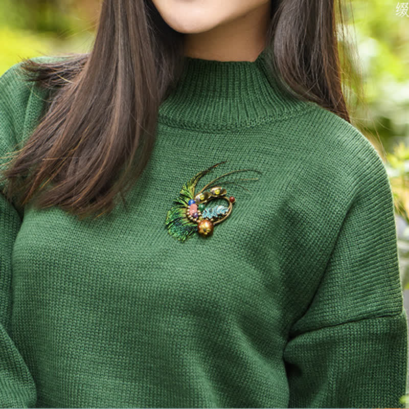 Broche de plumas de pavo real con diseño de flor de bronce retro para mujer