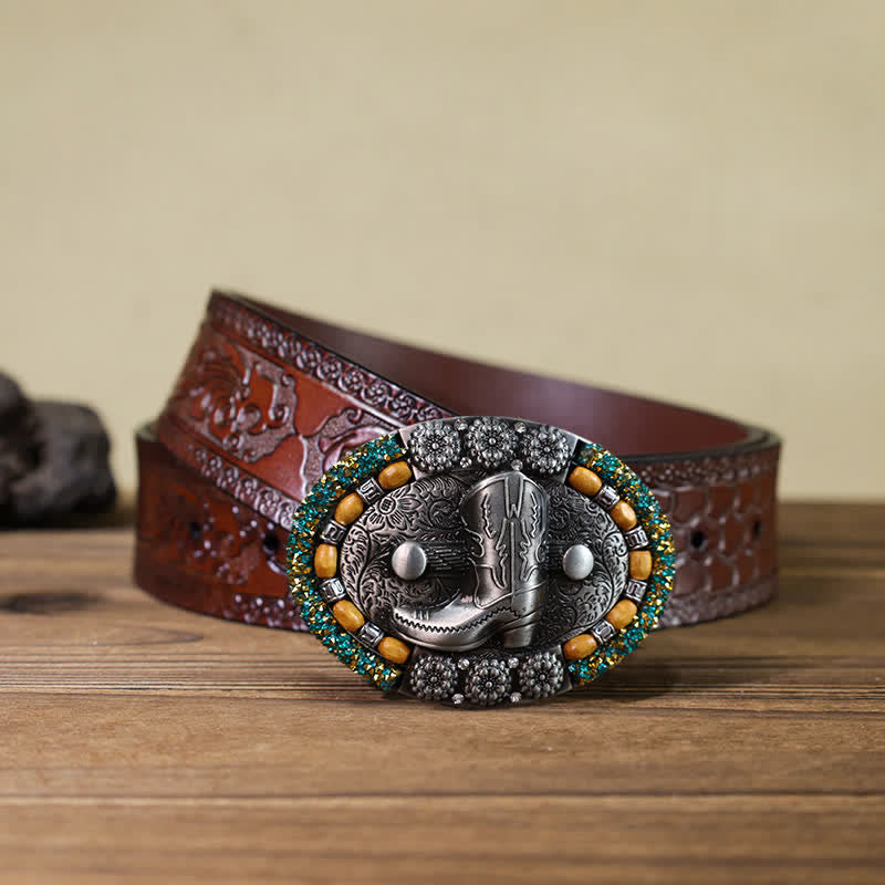 Cinturón de cuero con hebilla para botas de hombre, con cuentas de madera y diamantes de imitación, hecho a mano