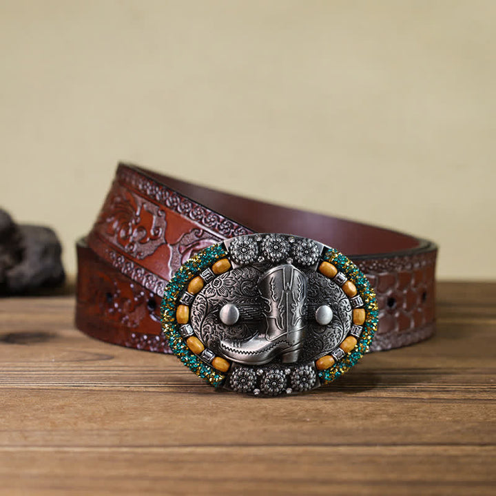 Cinturón de cuero con hebilla para botas de hombre, con cuentas de madera y diamantes de imitación, hecho a mano