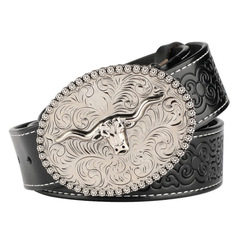 Cinturón de cuero para jeans con pluma grabada de toro para hombre