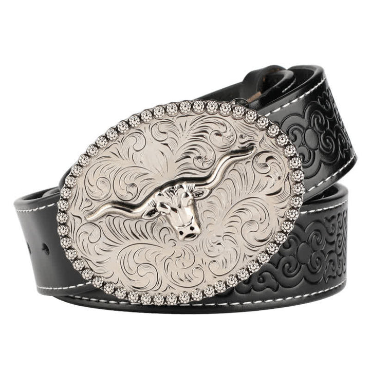 Cinturón de cuero para jeans con pluma grabada de toro para hombre