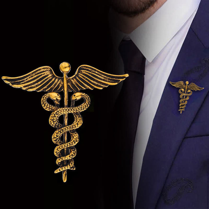Broche de serpiente doble con caduceo para hombre
