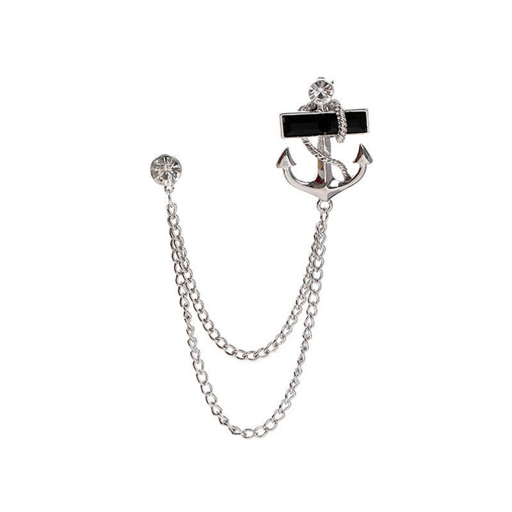 Broche de cadena con ancla y gemas negras para hombre