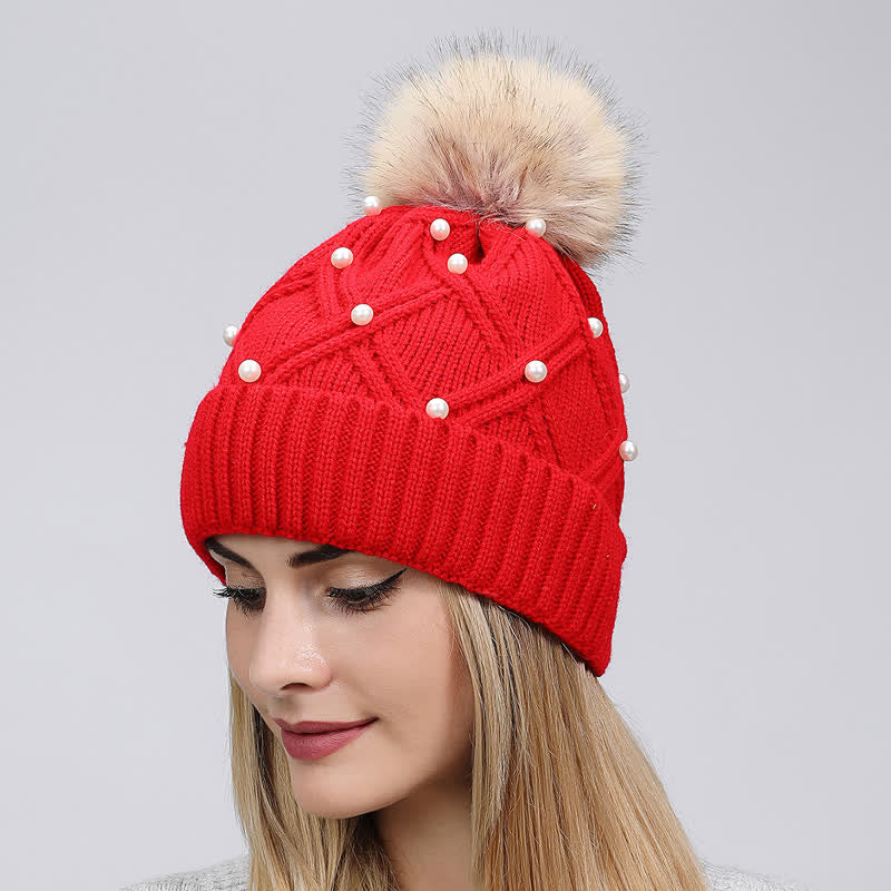 Gorro de punto elástico con pompones y perlas para mujer