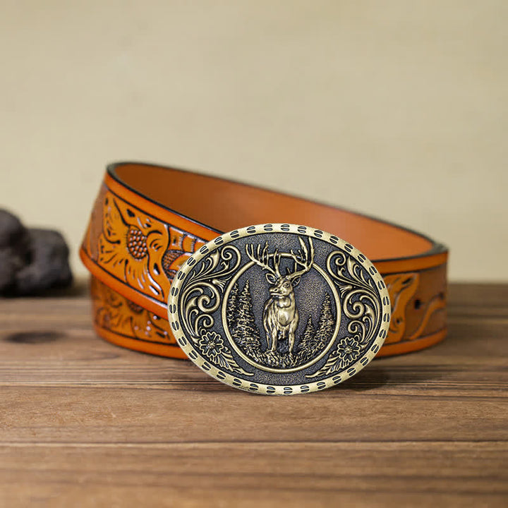 Cinturón de cuero con hebilla de bandera estadounidense para hombre, hecho a mano, con diseño de ciervos