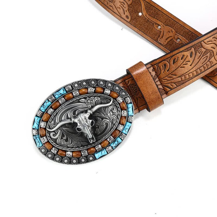 Cinturón de cuero de toro turquesa estilo vaquero occidental para hombre