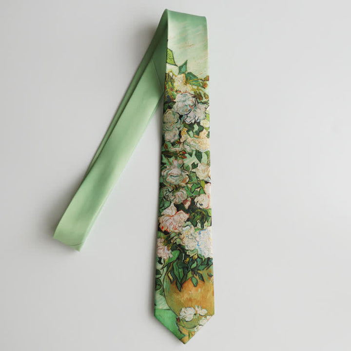 Corbata floral con rosas blancas y verde claro para hombre