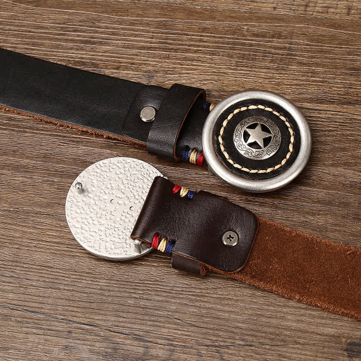 Cinturón de cuero grueso con pentáculo vintage para hombre