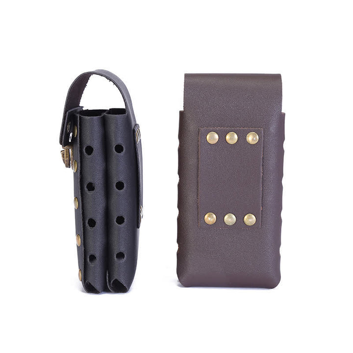 Estuche para teléfono con dos capas verticales y cinturón.