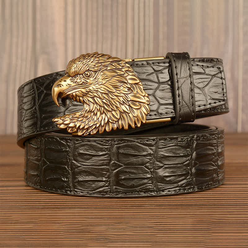 Cinturón de piel con relieve de cocodrilo y cabeza de águila para hombre