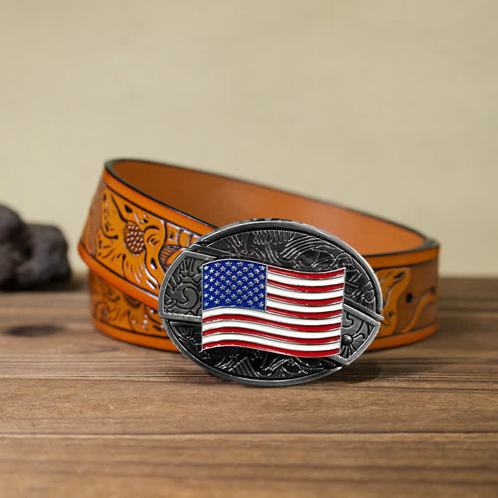 Cinturón de cuero con cuchillo plegable oculto con bandera estadounidense para hombre