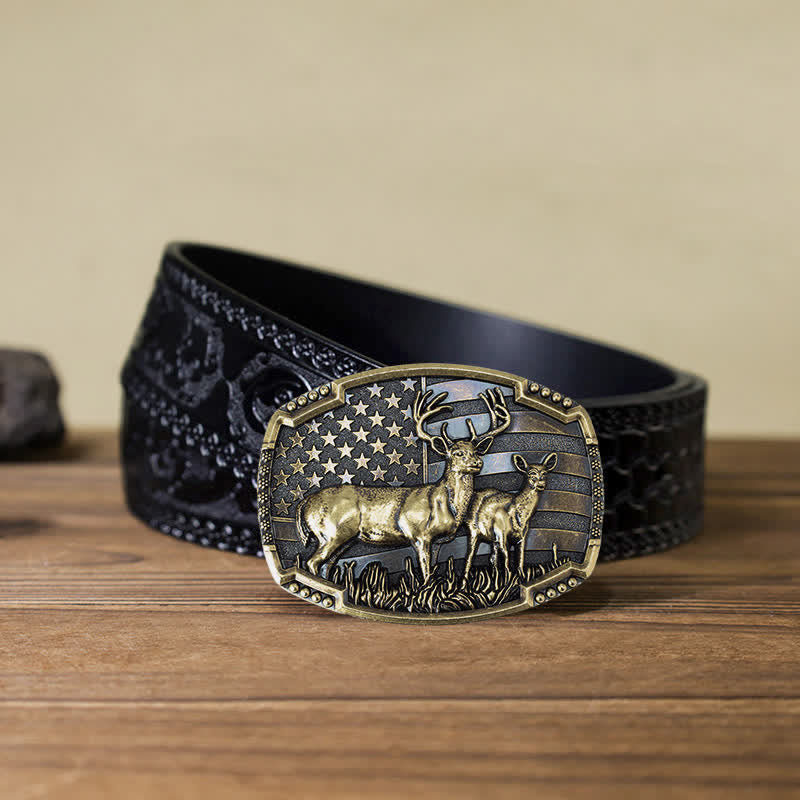 Cinturón de cuero con hebilla de bandera estadounidense para hombre, hecho a mano, con diseño de ciervos