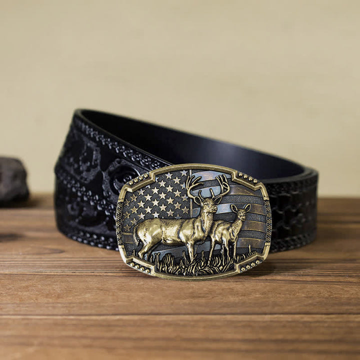 Cinturón de cuero con hebilla de bandera estadounidense para hombre, hecho a mano, con diseño de ciervos