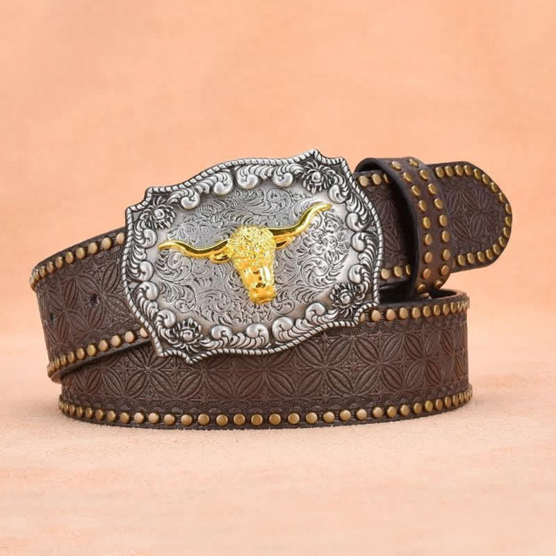 Cinturón de cuero de toro longhorn dorado con remaches punk para hombre
