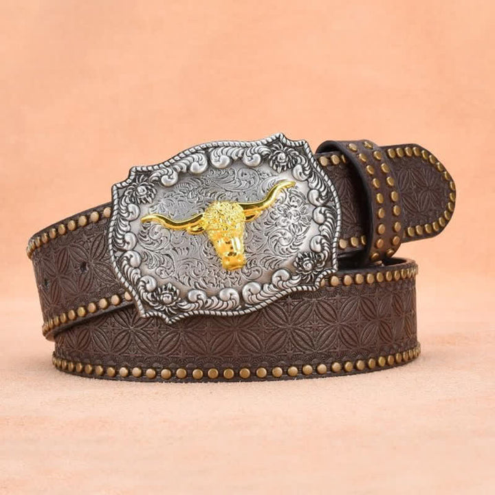 Cinturón de cuero de toro longhorn dorado con remaches punk para hombre