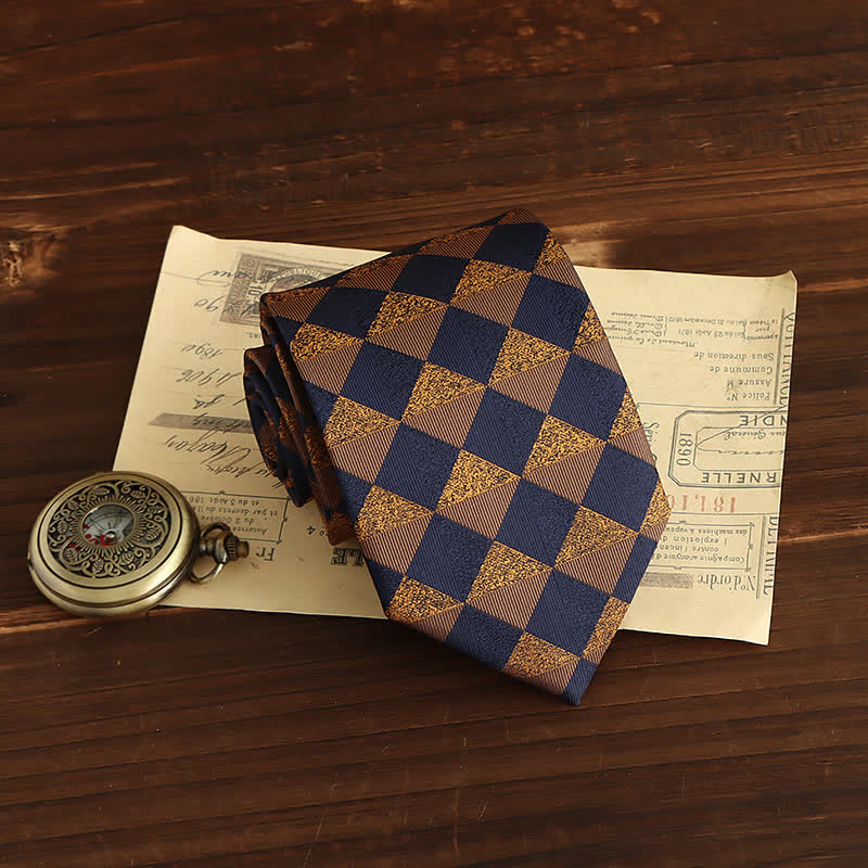 Corbata rústica de cuadros dorados y azul marino para hombre 