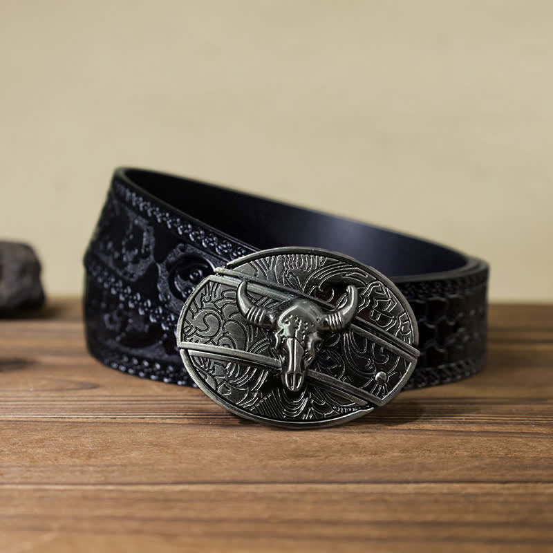 Cinturón de cuero con cuchillo plegable oculto de toro Longhorn para hombre