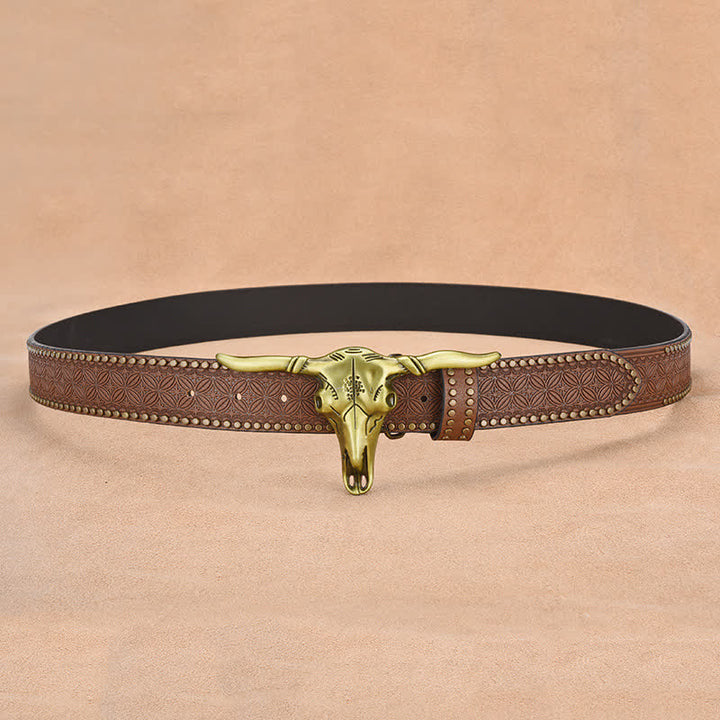 Cinturón de cuero con remaches de cabeza de ganado estilo western para hombre