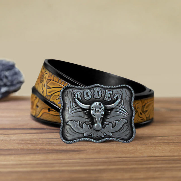 Cinturón de cuero con hebilla de rodeo de toro Longhorn plateado para hombre, hecho a mano