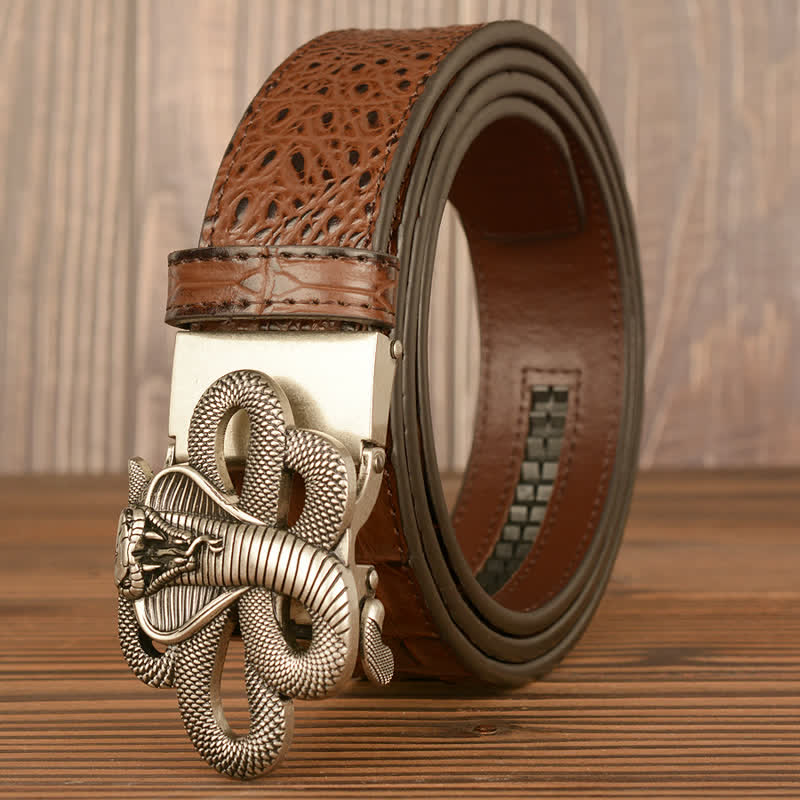 Cinturón de piel de cocodrilo con diseño de cobra rizada para hombre