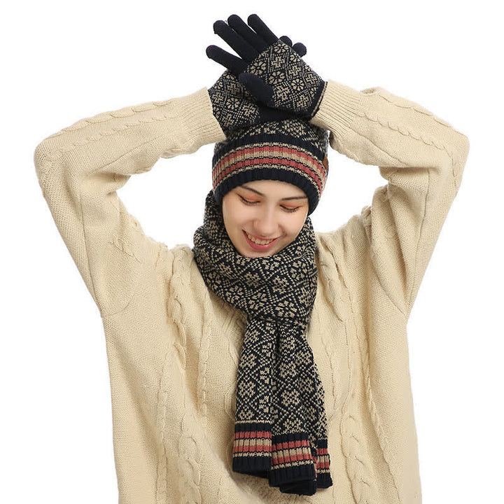 Juego de 3 guantes unisex con pantalla táctil, gorro y bufanda con copos de nieve