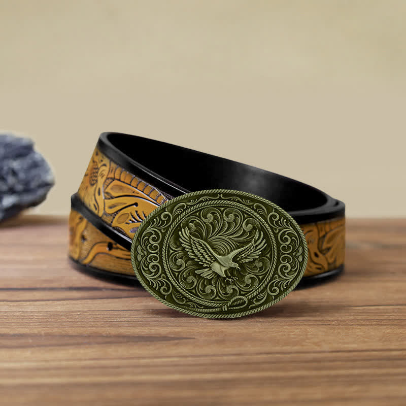 Cinturón de cuero con hebilla floral grabada con águila voladora para hombre hecho a mano