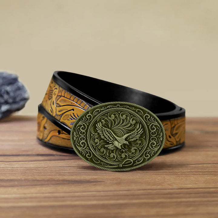Cinturón de cuero con hebilla floral grabada con águila voladora para hombre hecho a mano