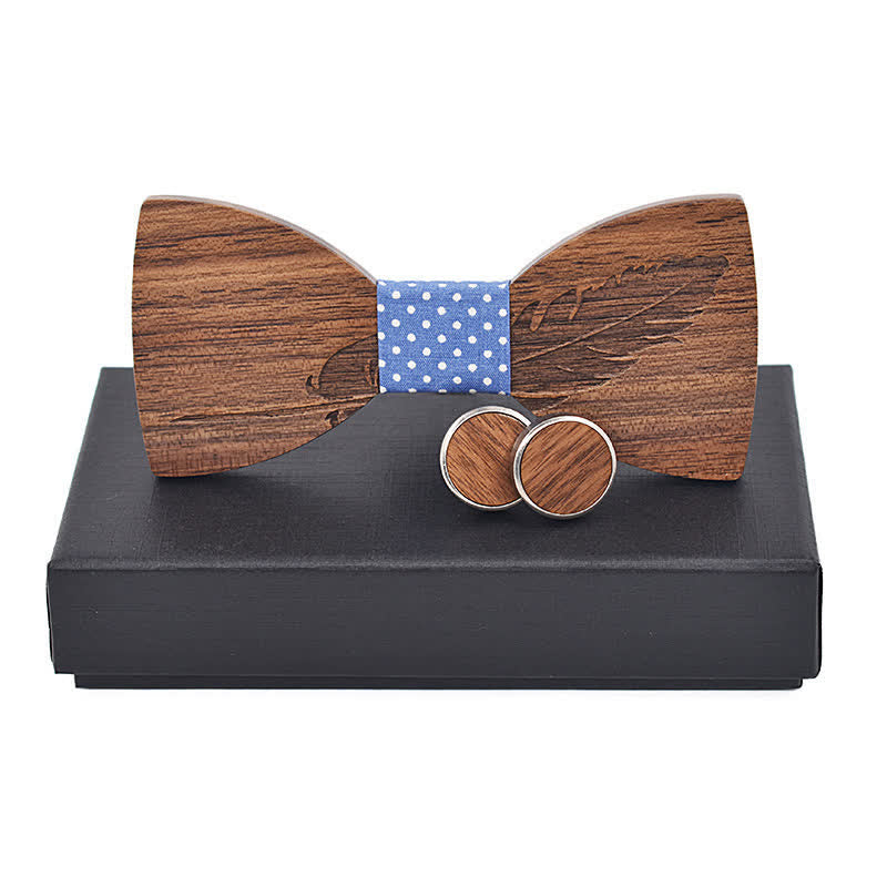 Juego de 2 pajaritas de madera con grabado de plumas para hombre