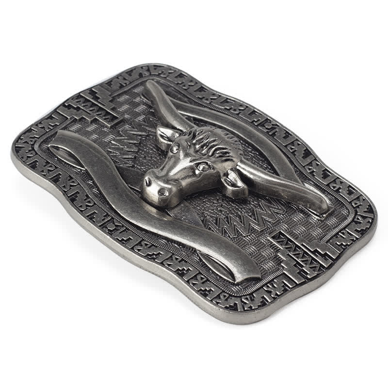 Cinturón de cuero con hebilla cuadrada de toro Longhorn para hombre, hecho a mano, en plata