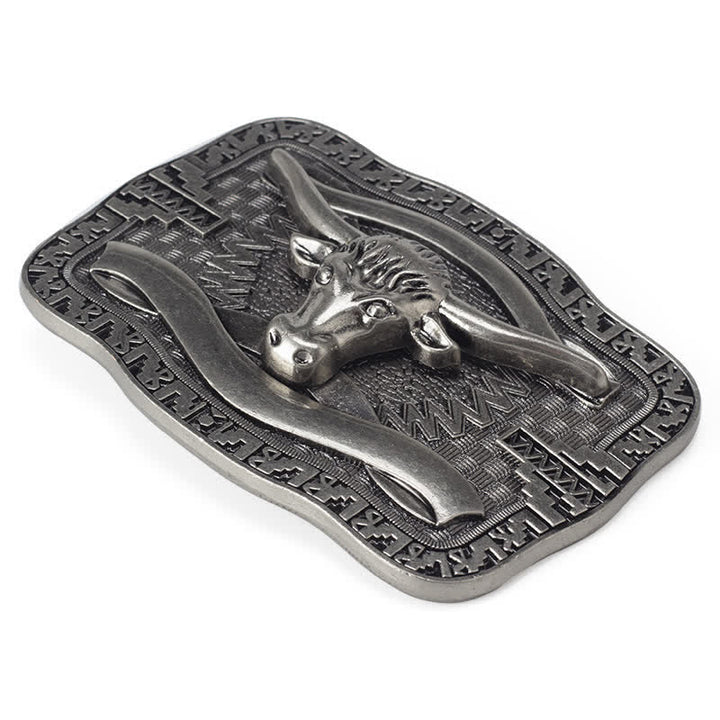 Cinturón de cuero con hebilla cuadrada de toro Longhorn para hombre, hecho a mano, en plata