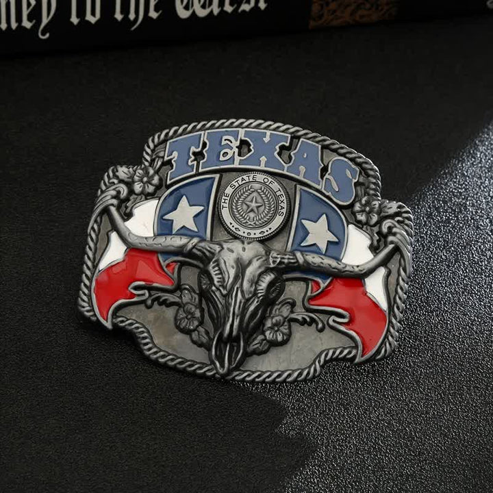 Cinturón de cuero con hebilla de toro Longhorn con bandera de Texas para hombre
