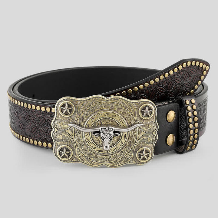 Cinturón de cuero con tachuelas decorativas de cabeza de toro de cuernos largos para hombre
