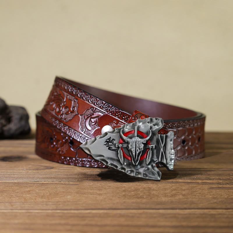 Cinturón de cuero con hebilla de toro en forma de punta de flecha para hombre hecho a mano