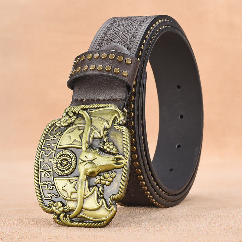 Cinturón de cuero con remaches de novillo Longhorn antiguo para hombre