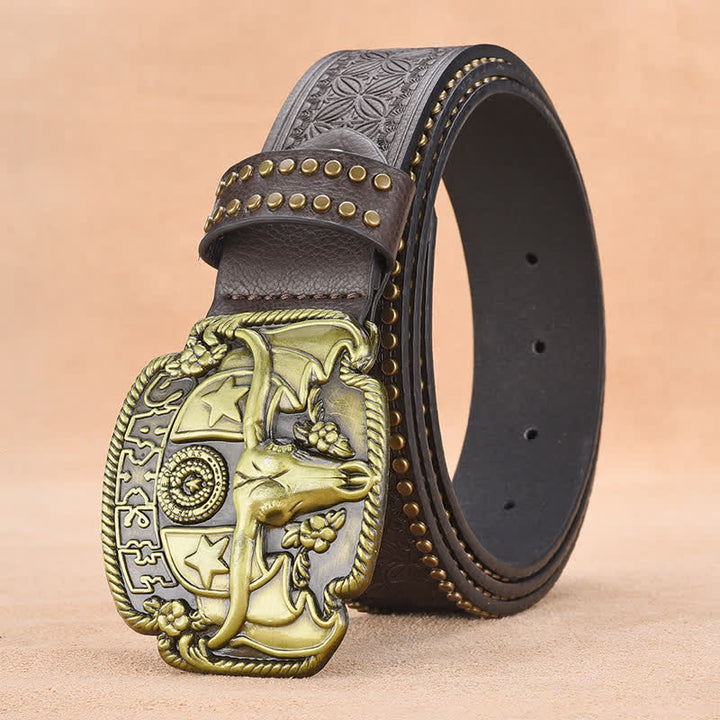 Cinturón de cuero con remaches de novillo Longhorn antiguo para hombre