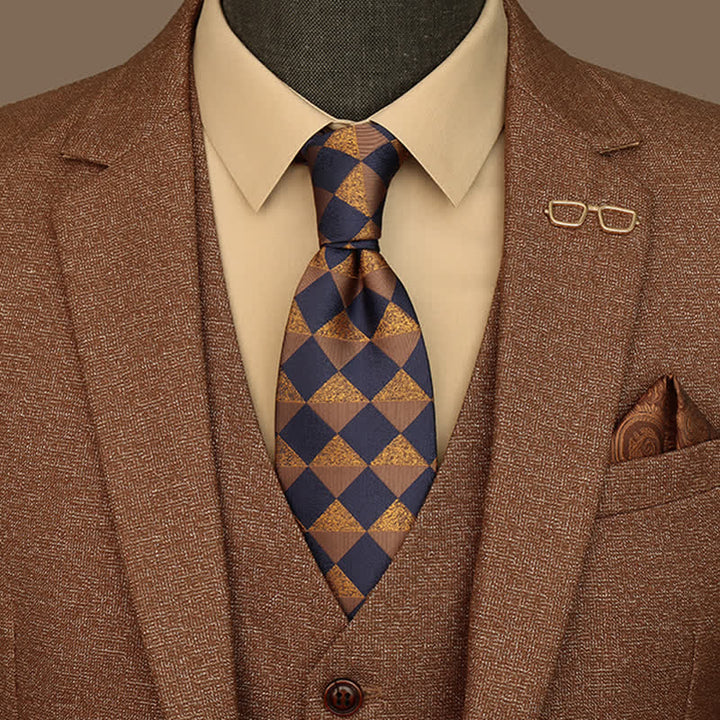 Corbata rústica de cuadros dorados y azul marino para hombre 