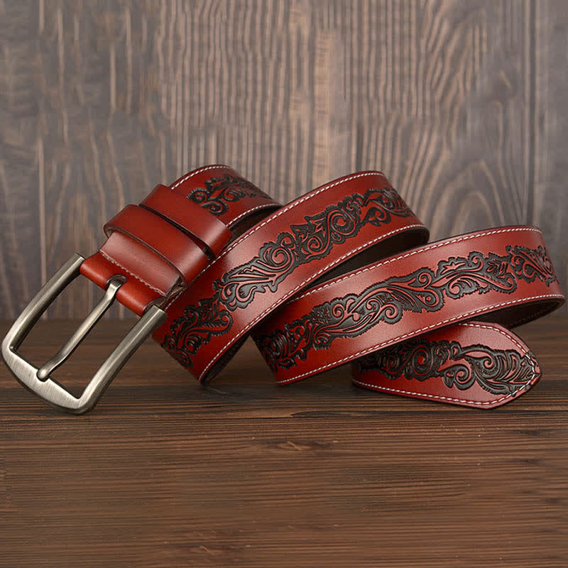 Cinturón de cuero con estampado de flores en relieve de lujo para hombre