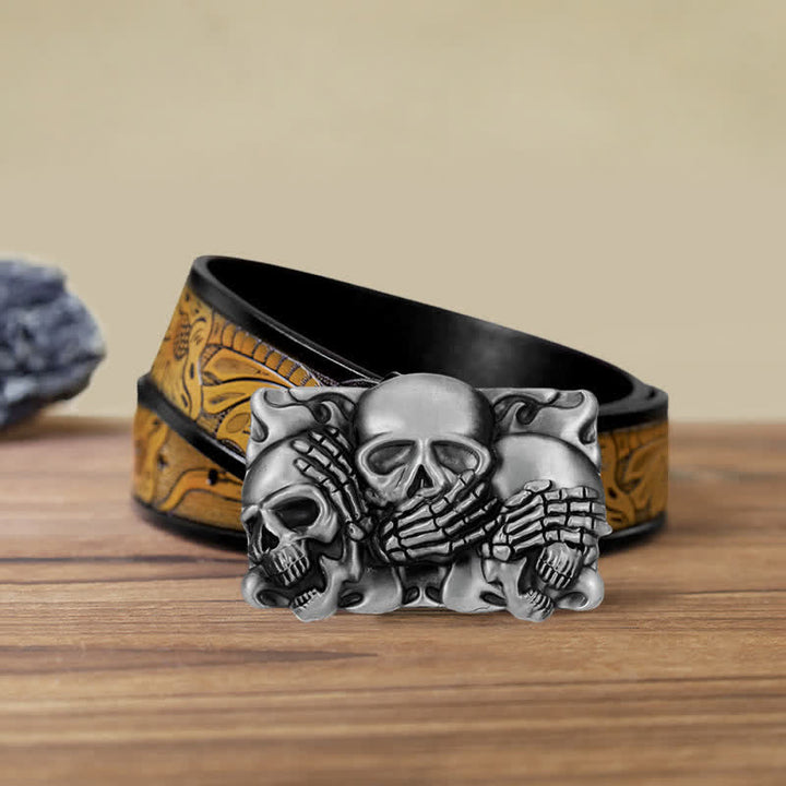 Cinturón de cuero con hebilla de calavera de risa horrible para hombre hecho a mano